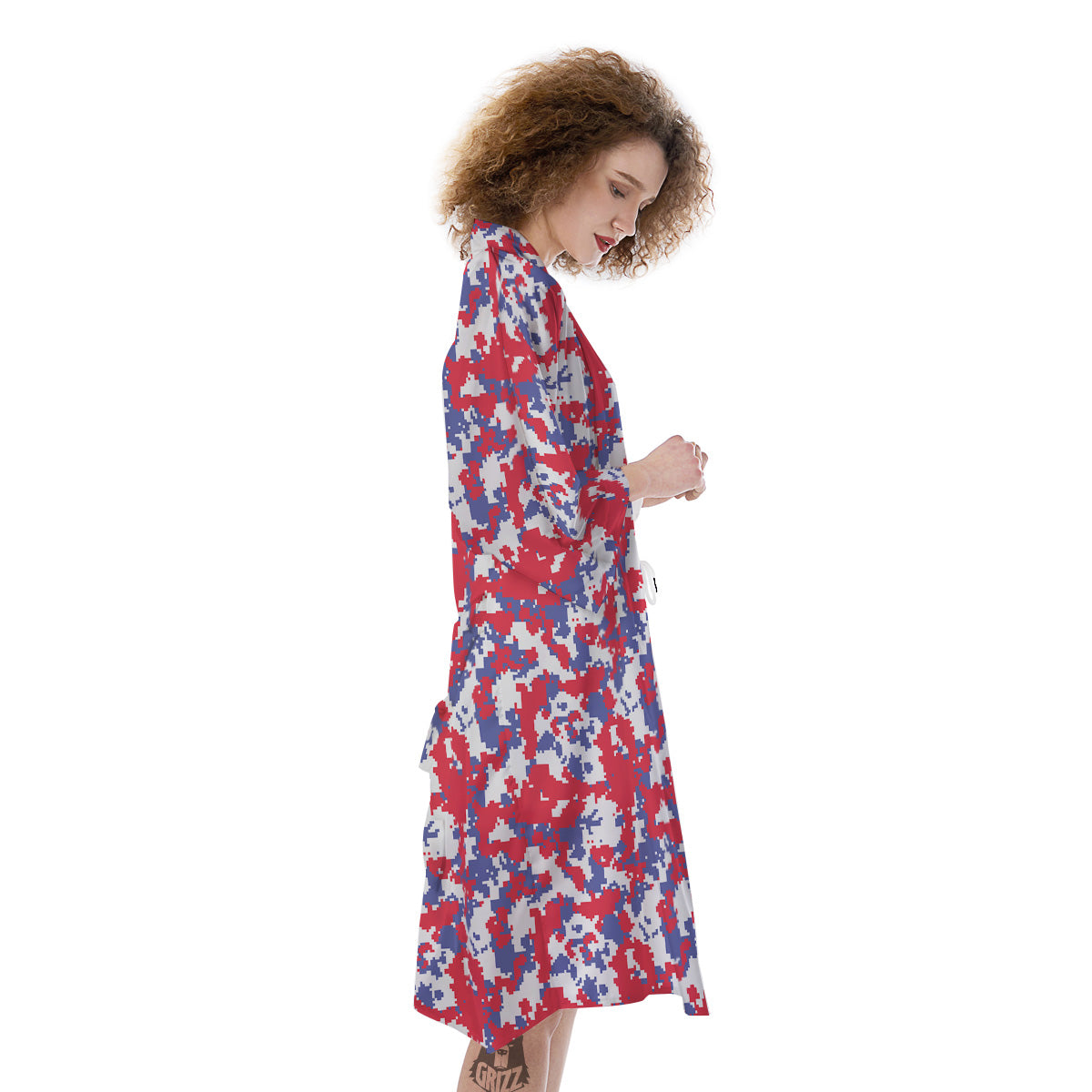 White Digital Camo And Blue Red Print Kimono-grizzshop