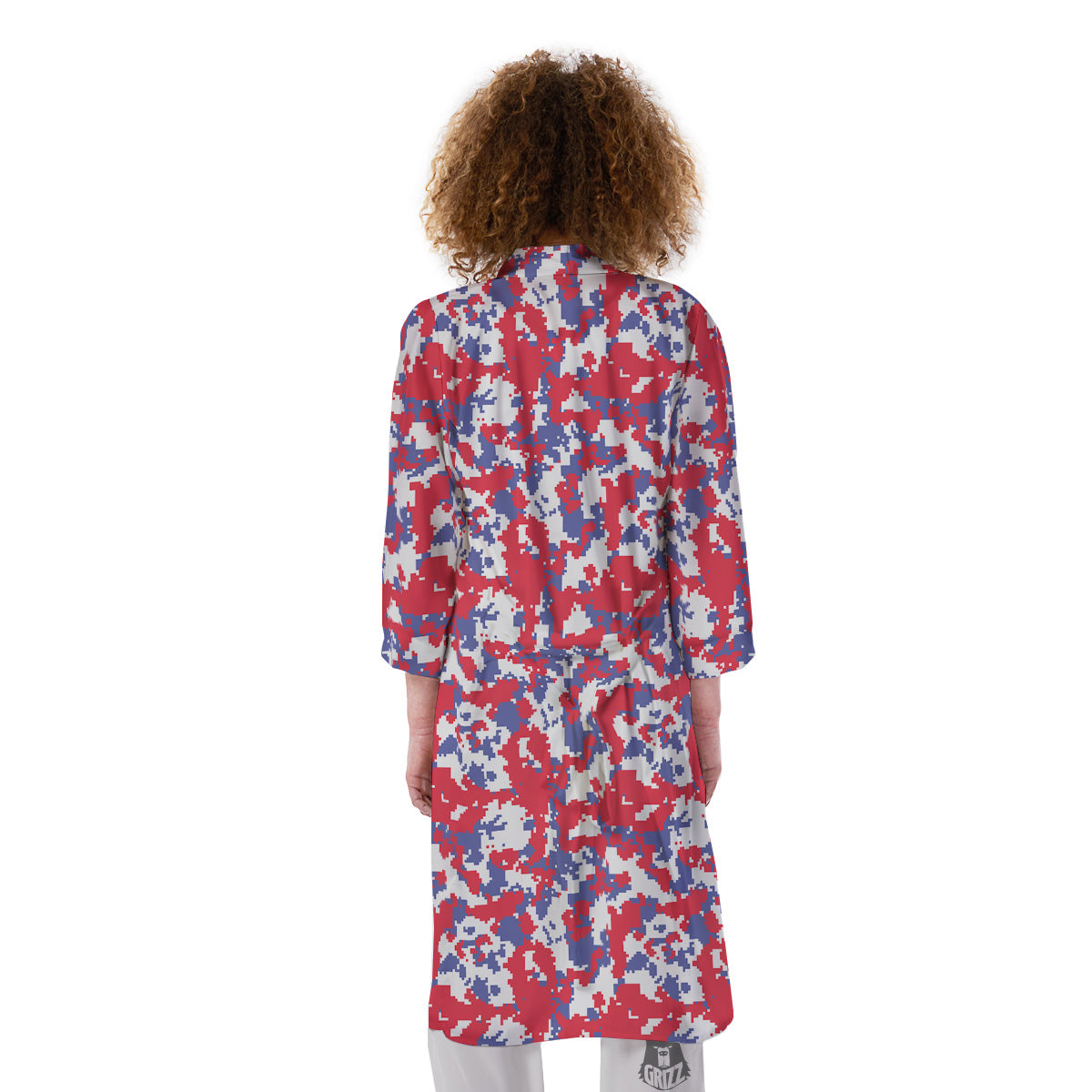 White Digital Camo And Blue Red Print Kimono-grizzshop