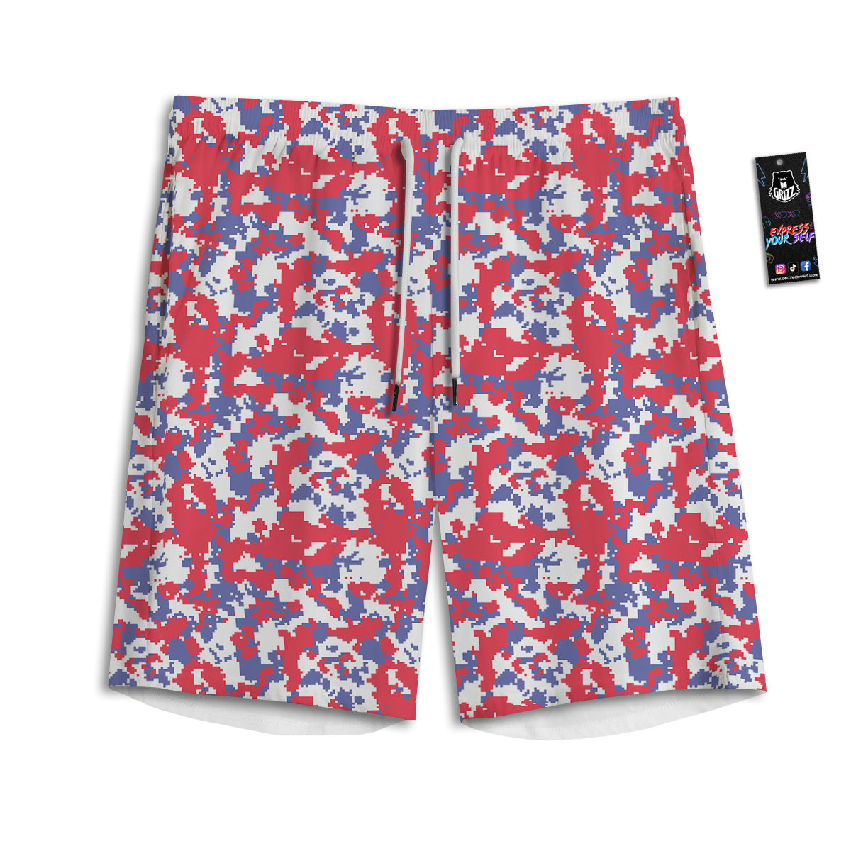 White Digital Camo And Blue Red Print Men's Athletic Shorts