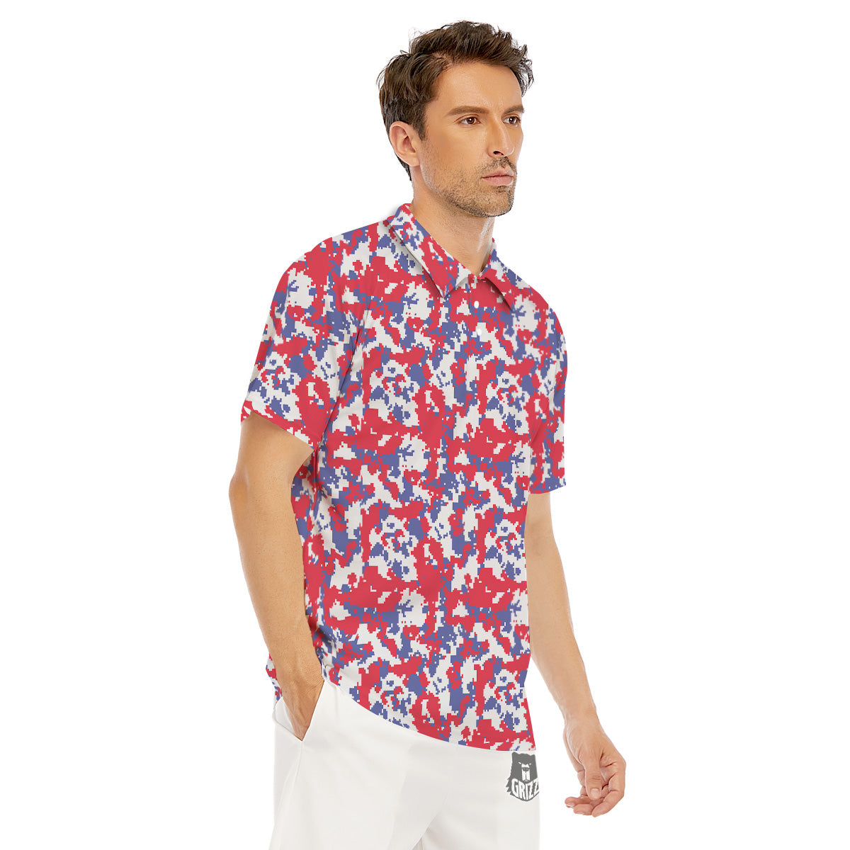 White Digital Camo And Blue Red Print Men's Golf Shirts-grizzshop