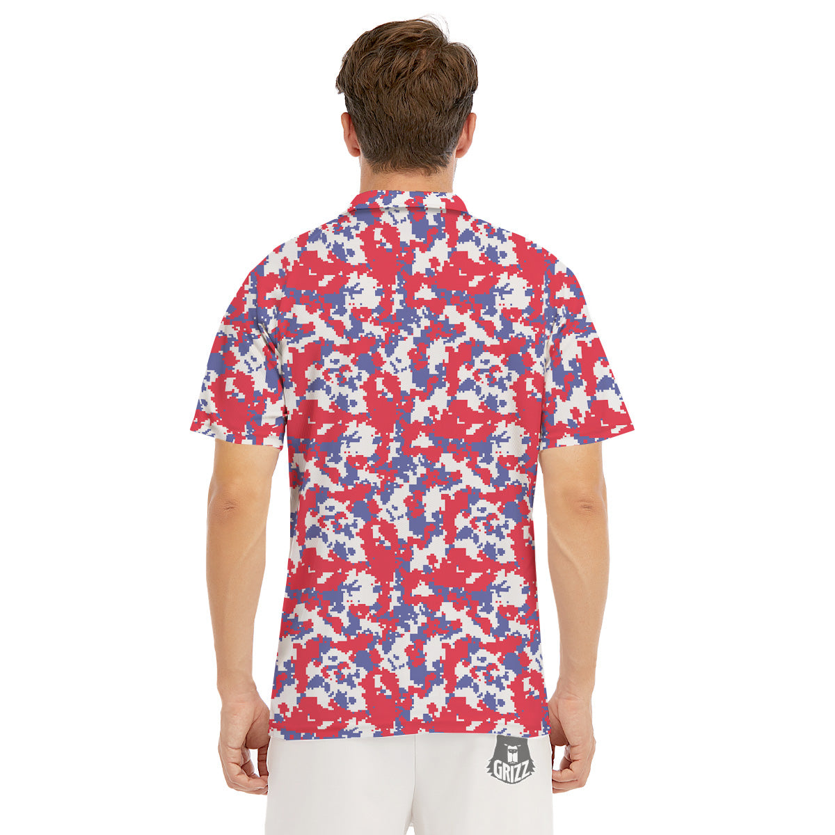 White Digital Camo And Blue Red Print Men's Golf Shirts-grizzshop