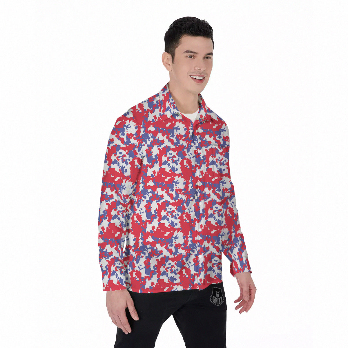 White Digital Camo And Blue Red Print Men's Long Sleeve Shirts-grizzshop