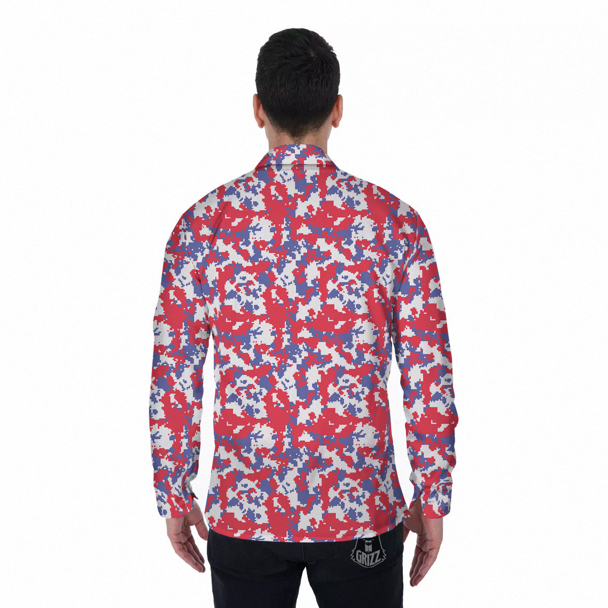White Digital Camo And Blue Red Print Men's Long Sleeve Shirts-grizzshop
