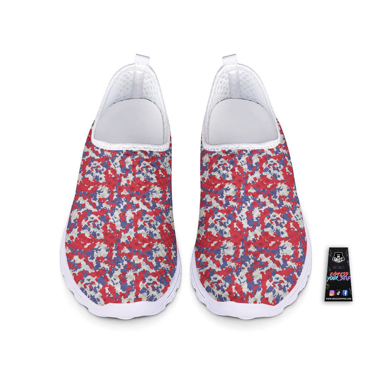 White Digital Camo And Blue Red Print Nurse Shoes-grizzshop