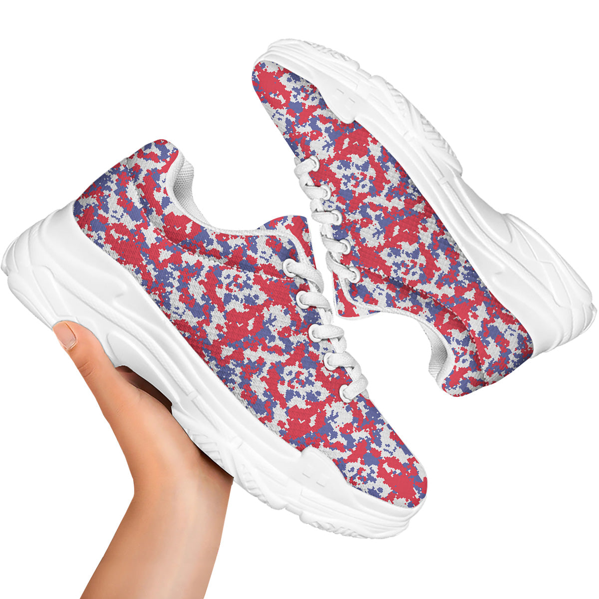 White Digital Camo And Blue Red Print White Chunky Shoes-grizzshop