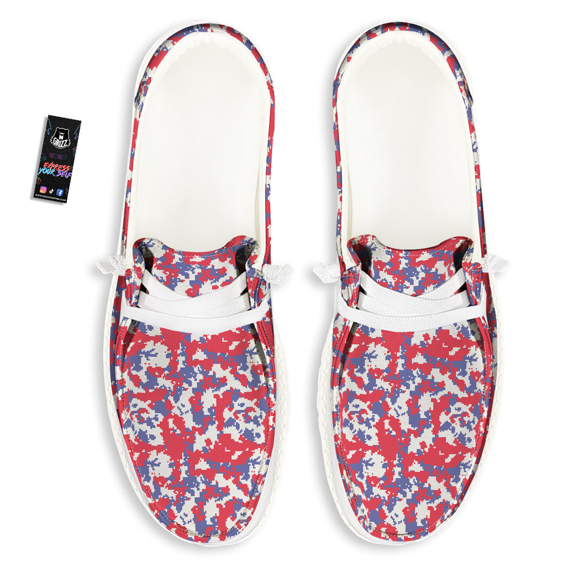 White Digital Camo And Blue Red Print White Loafers-grizzshop