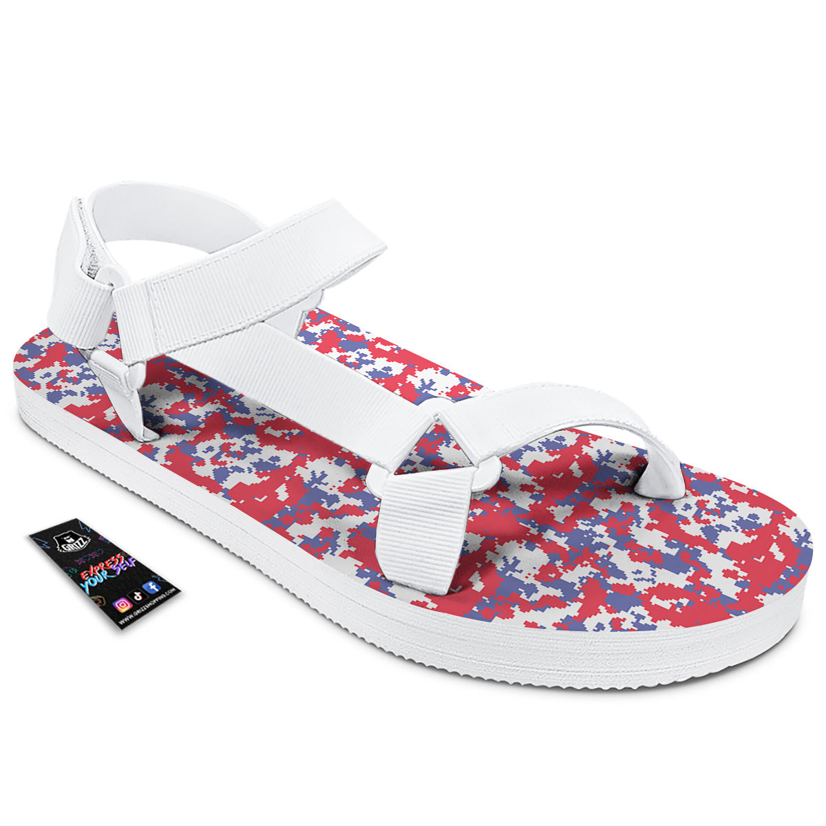 White Digital Camo And Blue Red Print White Open Toe Sandals-grizzshop