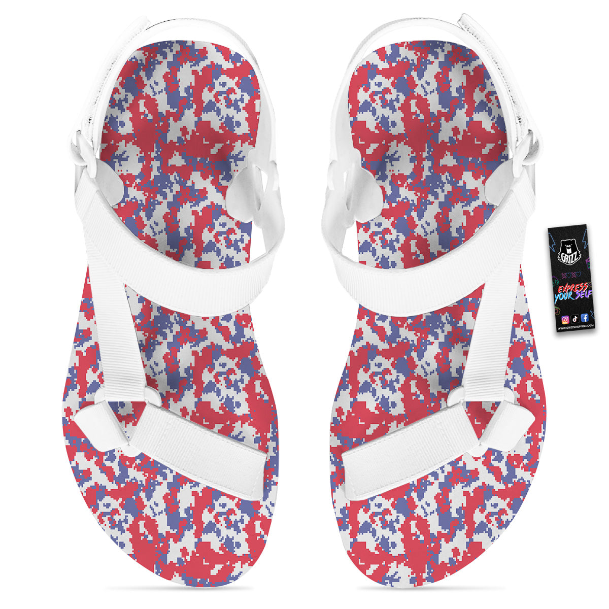 White Digital Camo And Blue Red Print White Open Toe Sandals-grizzshop
