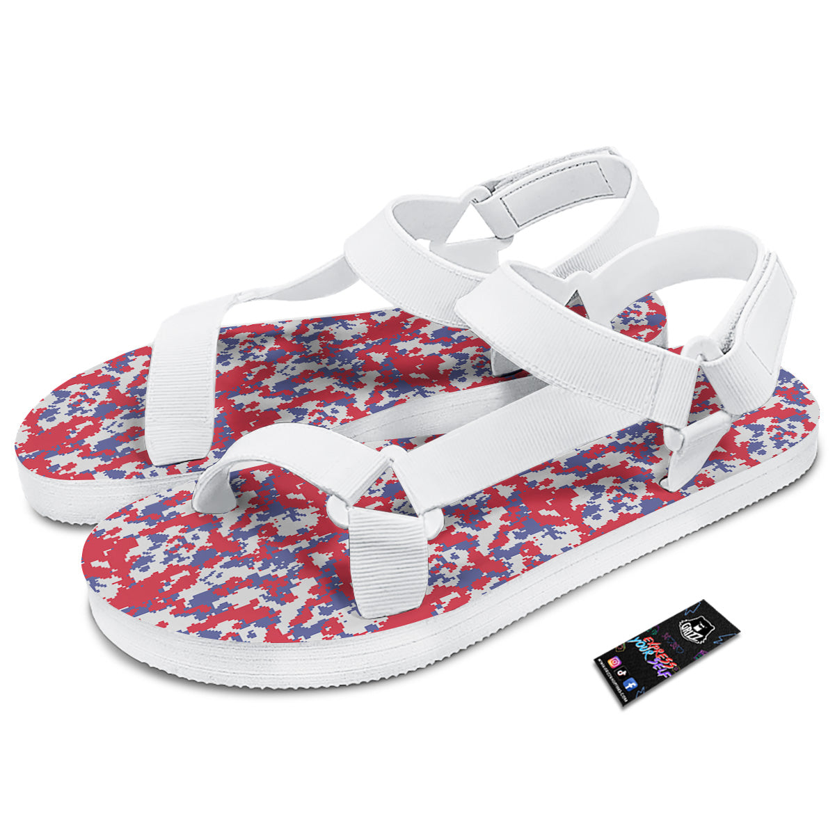 White Digital Camo And Blue Red Print White Open Toe Sandals-grizzshop