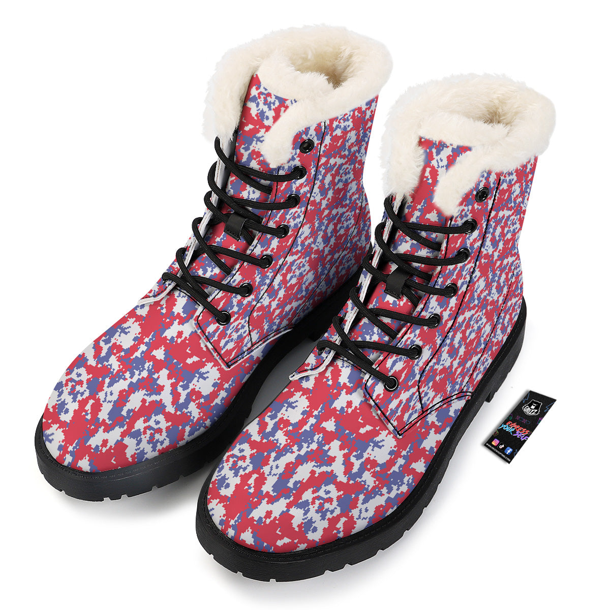 White Digital Camo And Blue Red Print Winter Boots-grizzshop