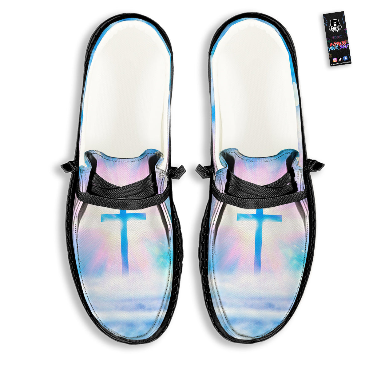 White Doves And Christian Cross Print Black Loafers-grizzshop