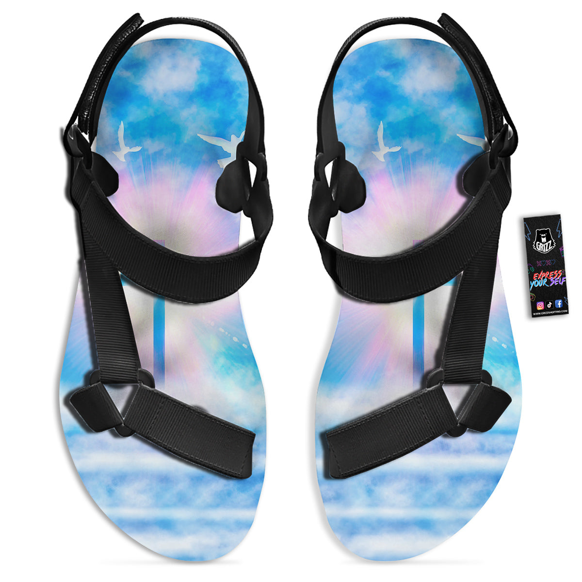 White Doves And Christian Cross Print Black Open Toe Sandals-grizzshop