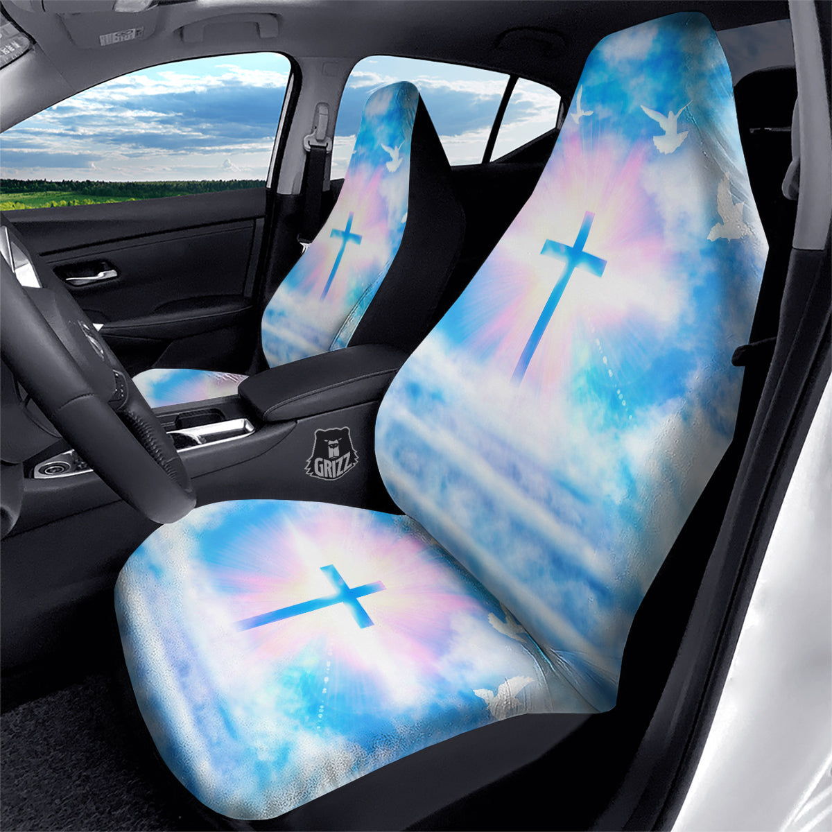 White Doves And Christian Cross Print Car Seat Covers-grizzshop