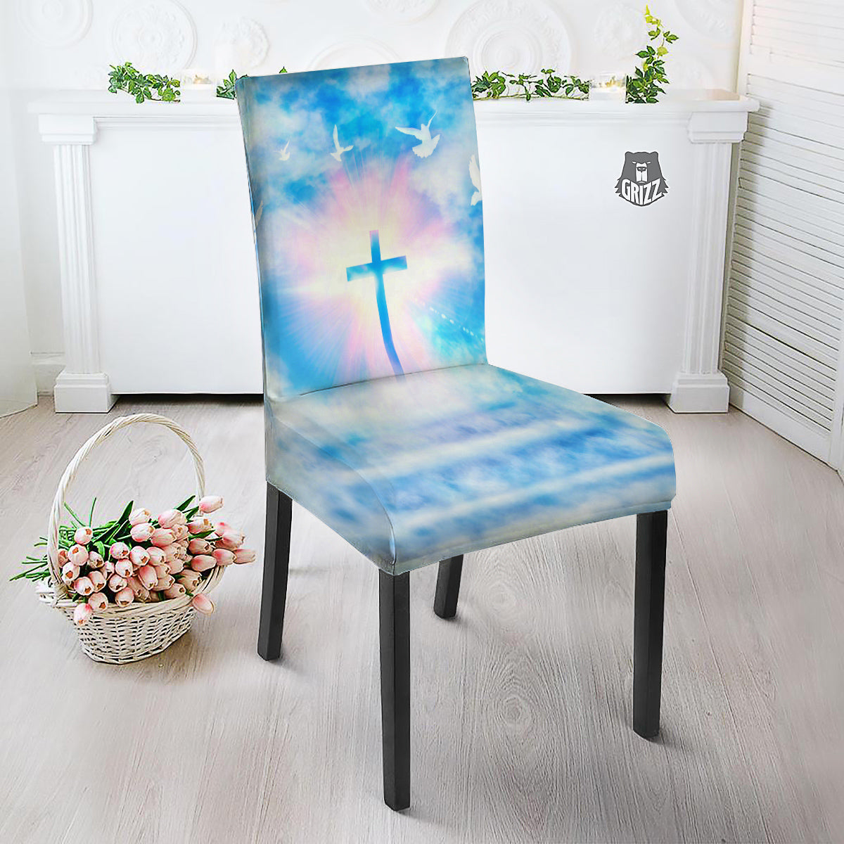 White Doves And Christian Cross Print Dining Chair Slipcover-grizzshop