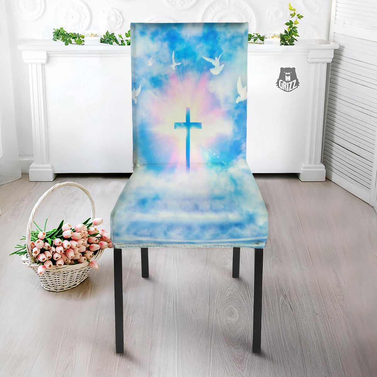 White Doves And Christian Cross Print Dining Chair Slipcover-grizzshop