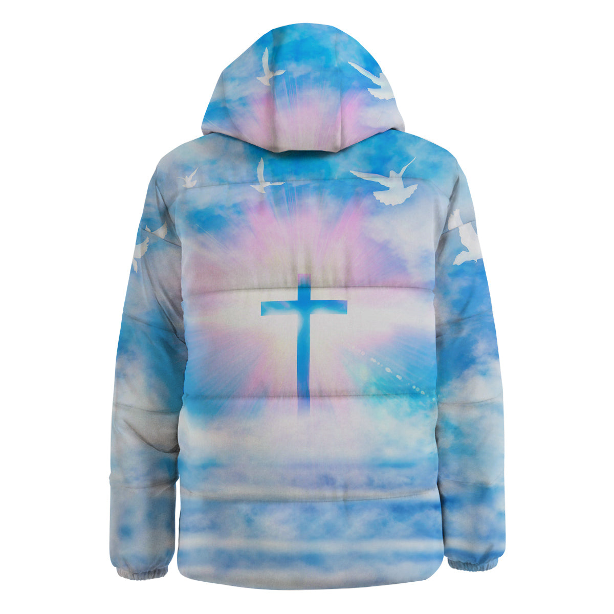 White Doves And Christian Cross Print Down Jacket-grizzshop