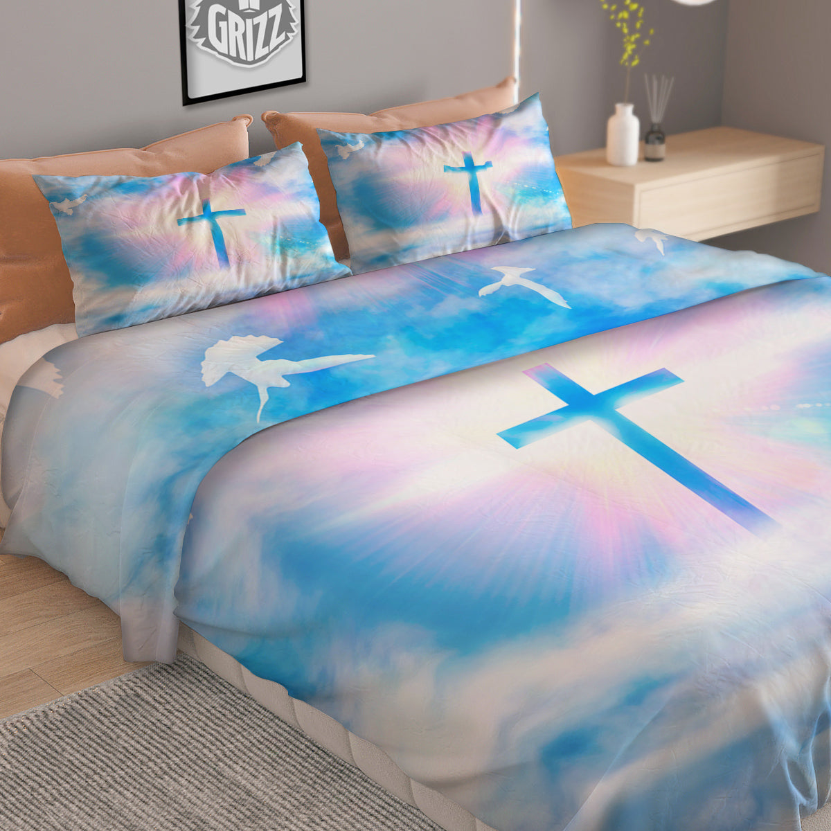 White Doves And Christian Cross Print Duvet Cover Bedding Set