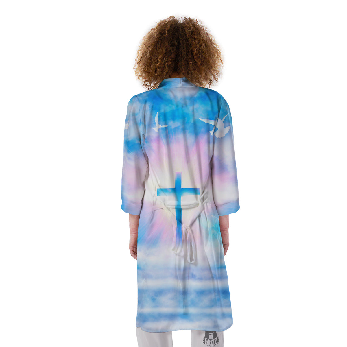 White Doves And Christian Cross Print Kimono-grizzshop