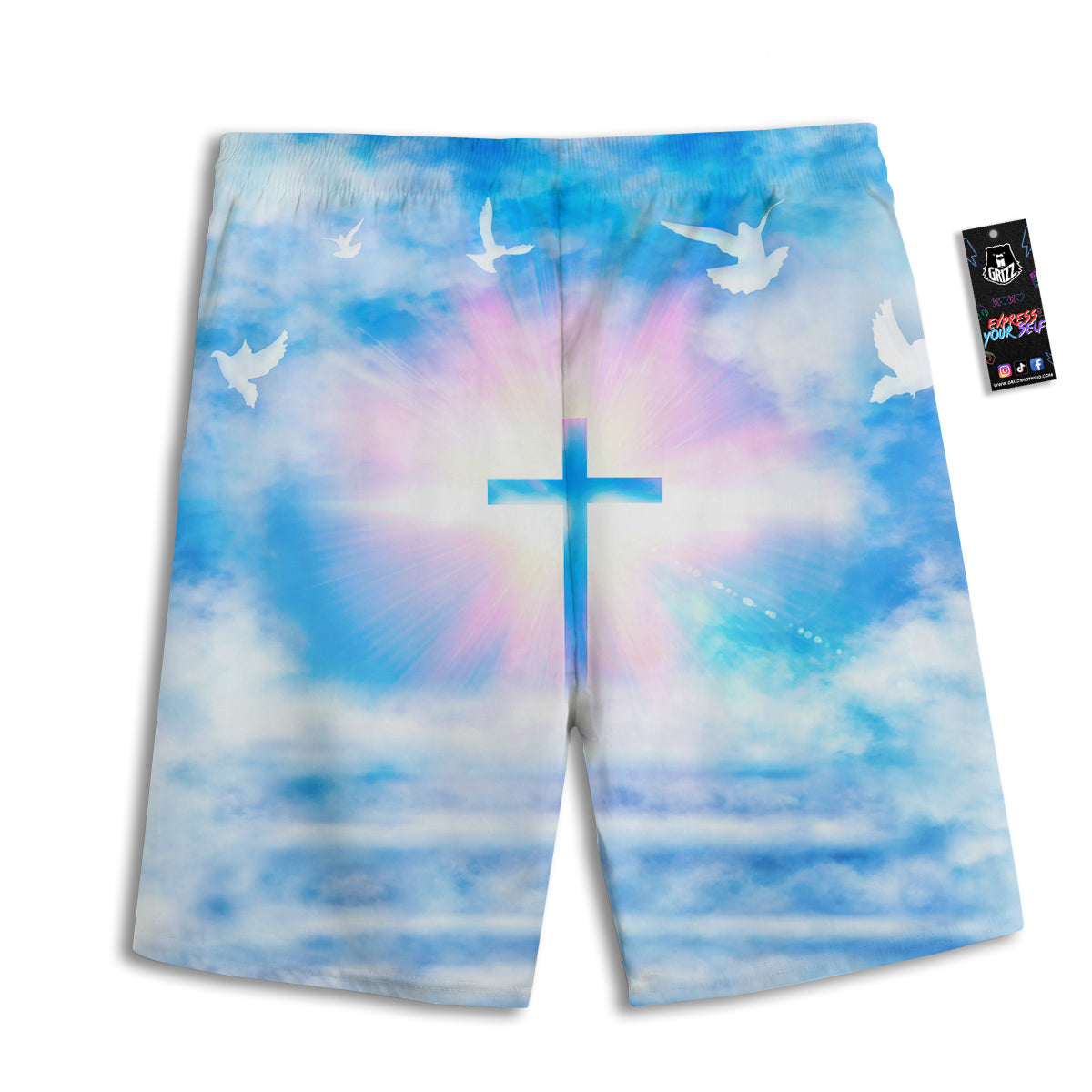 White Doves And Christian Cross Print Men's Athletic Shorts