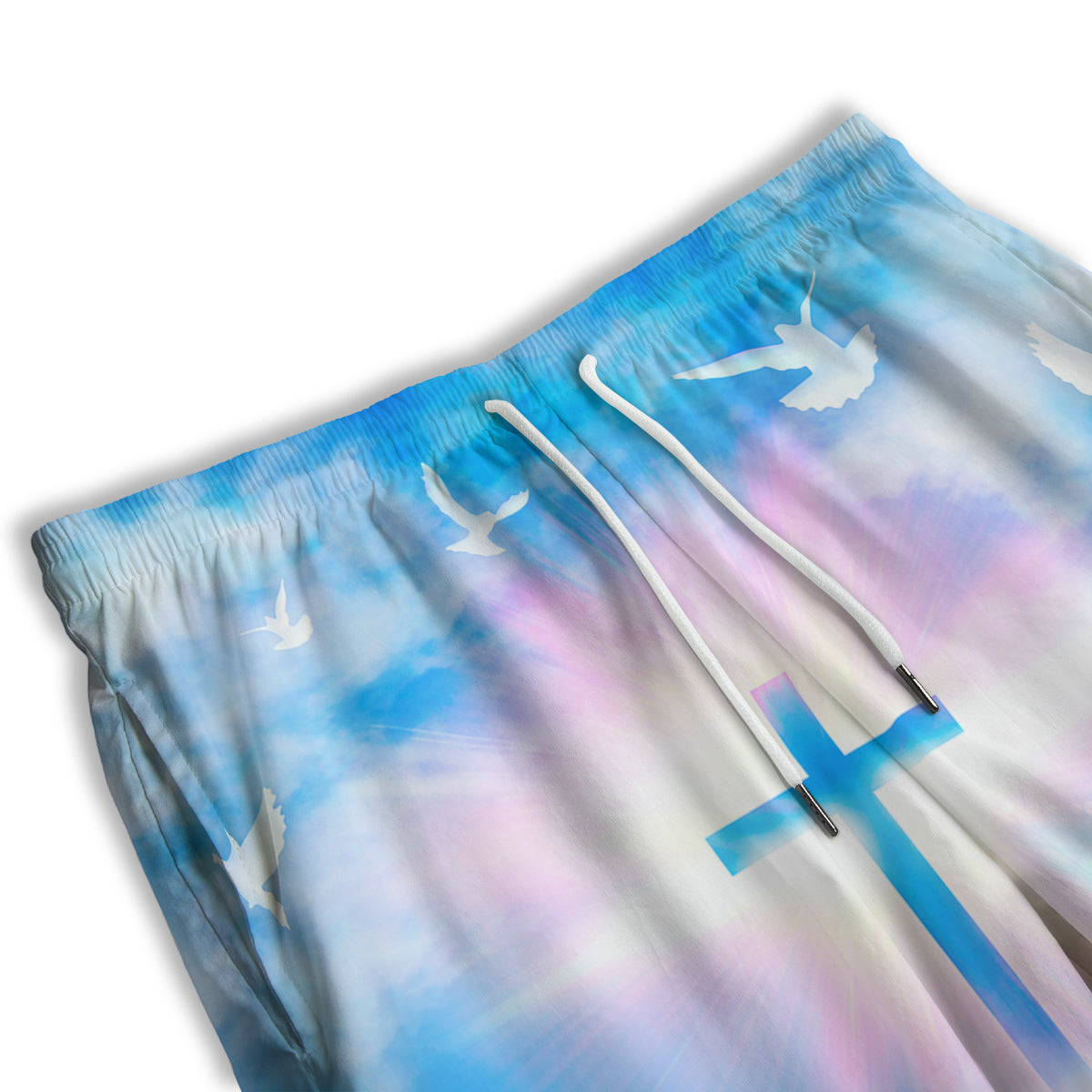 White Doves And Christian Cross Print Men's Athletic Shorts
