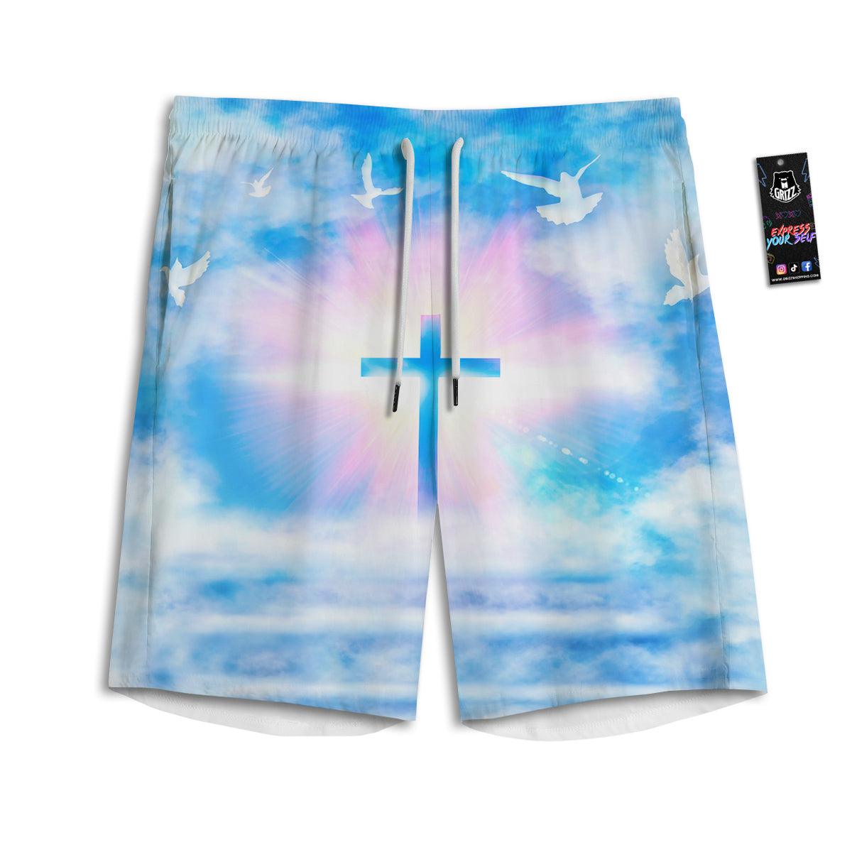 White Doves And Christian Cross Print Men's Athletic Shorts