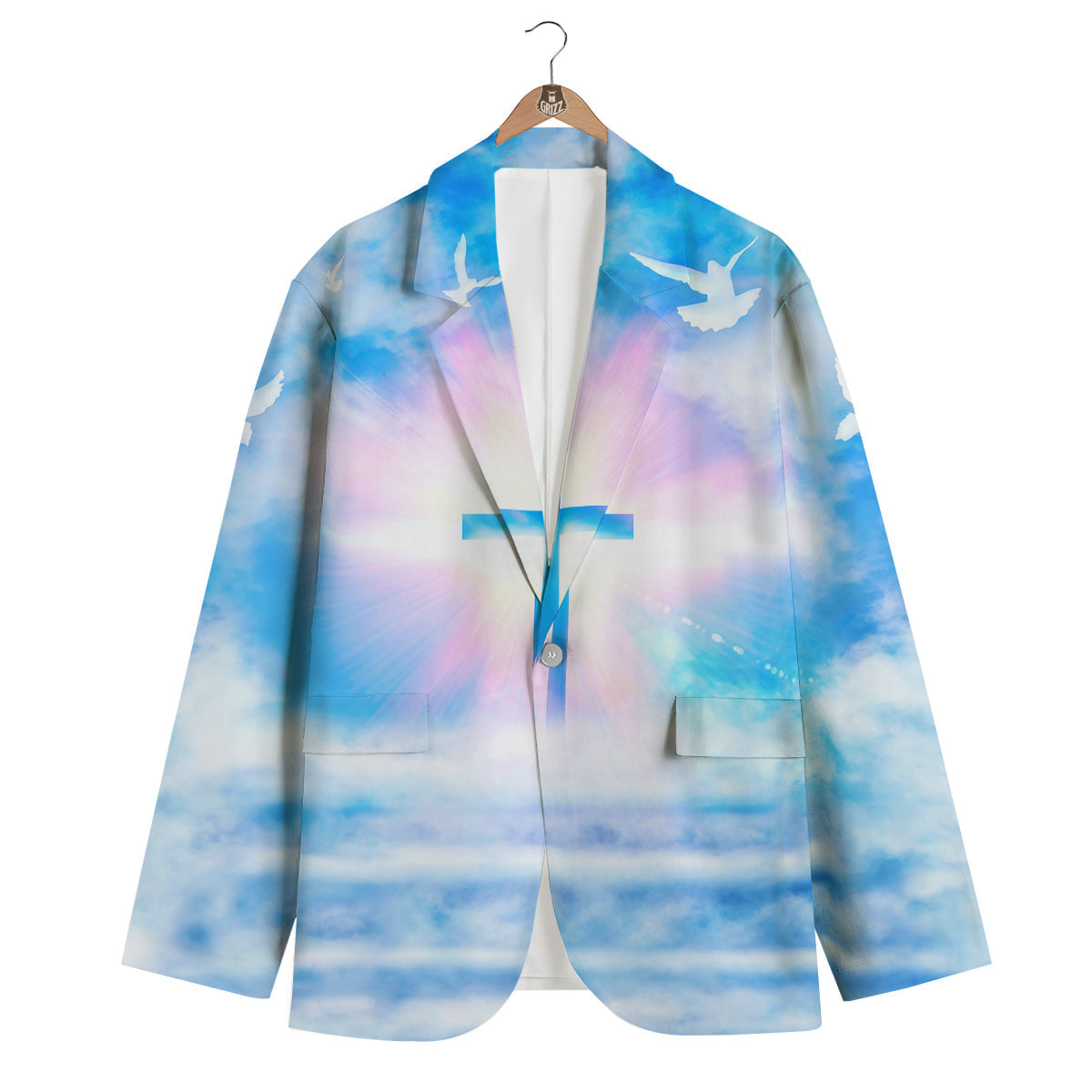 White Doves And Christian Cross Print Men's Blazer-grizzshop