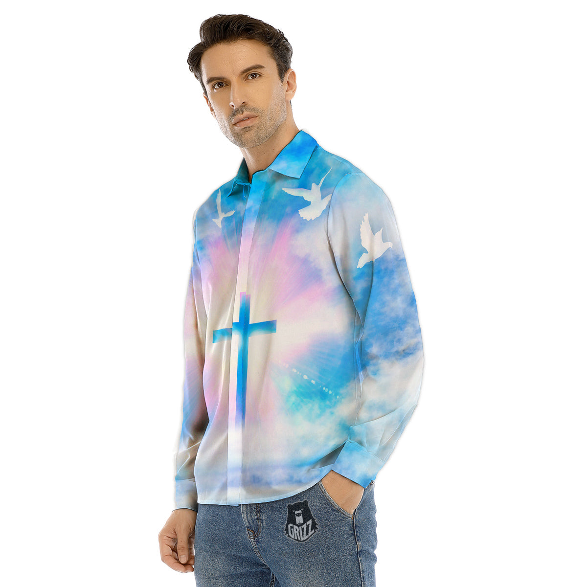 White Doves And Christian Cross Print Men's Dress Shirts-grizzshop