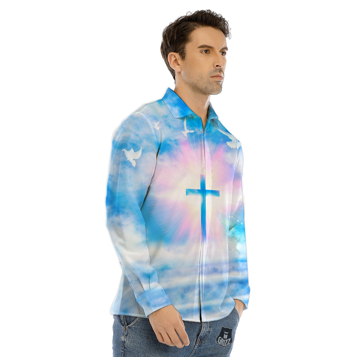 White Doves And Christian Cross Print Men's Dress Shirts-grizzshop