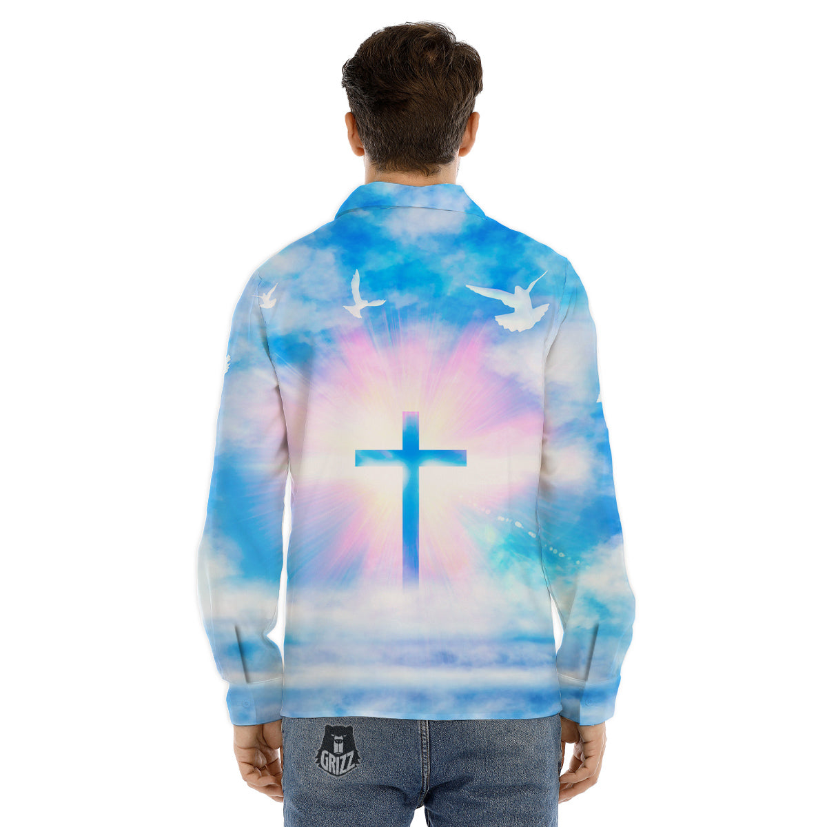 White Doves And Christian Cross Print Men's Dress Shirts-grizzshop