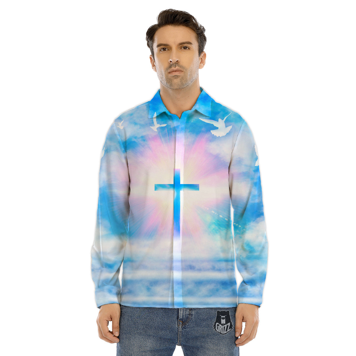White Doves And Christian Cross Print Men's Dress Shirts-grizzshop