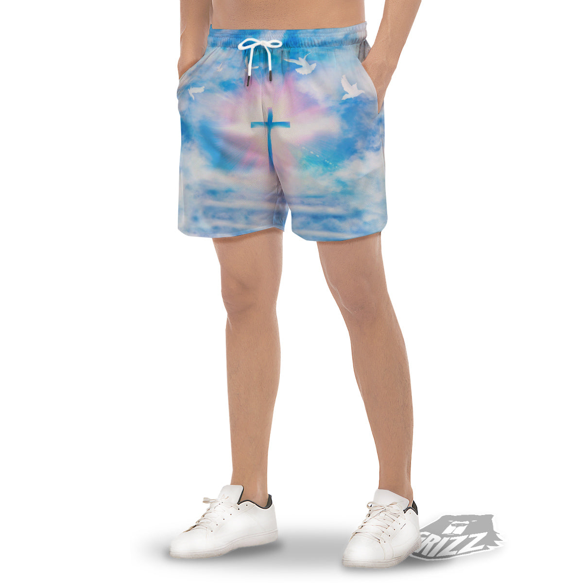 White Doves And Christian Cross Print Men's Gym Shorts-grizzshop