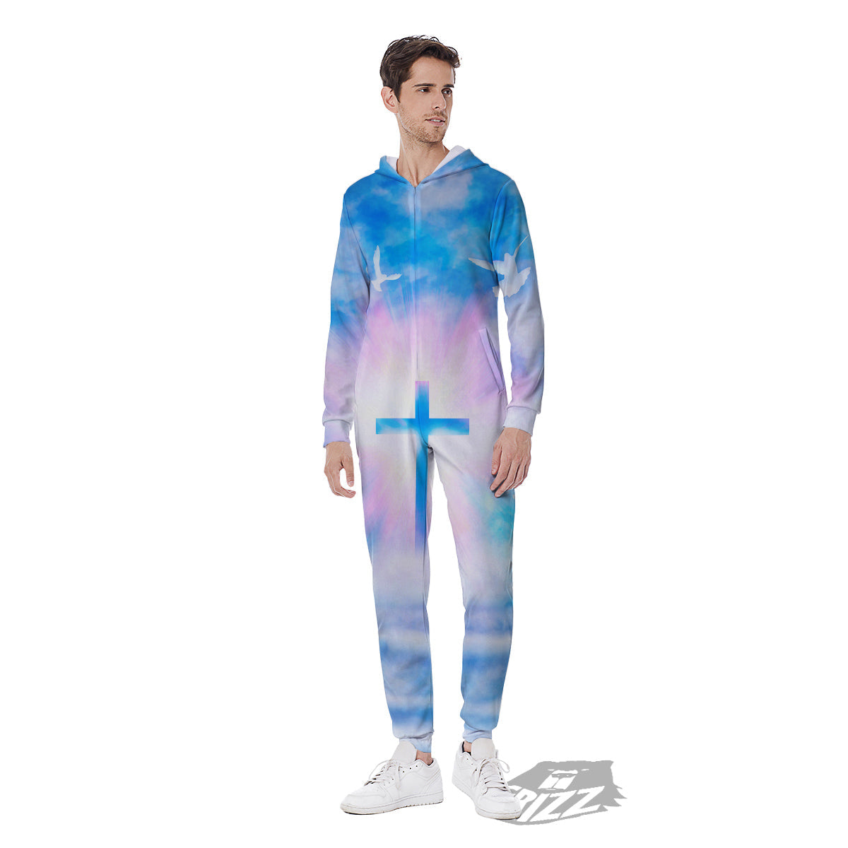 White Doves And Christian Cross Print Men's Jumpsuit-grizzshop