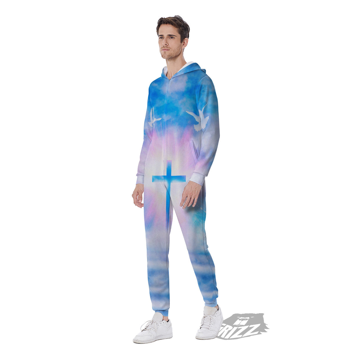White Doves And Christian Cross Print Men's Jumpsuit-grizzshop