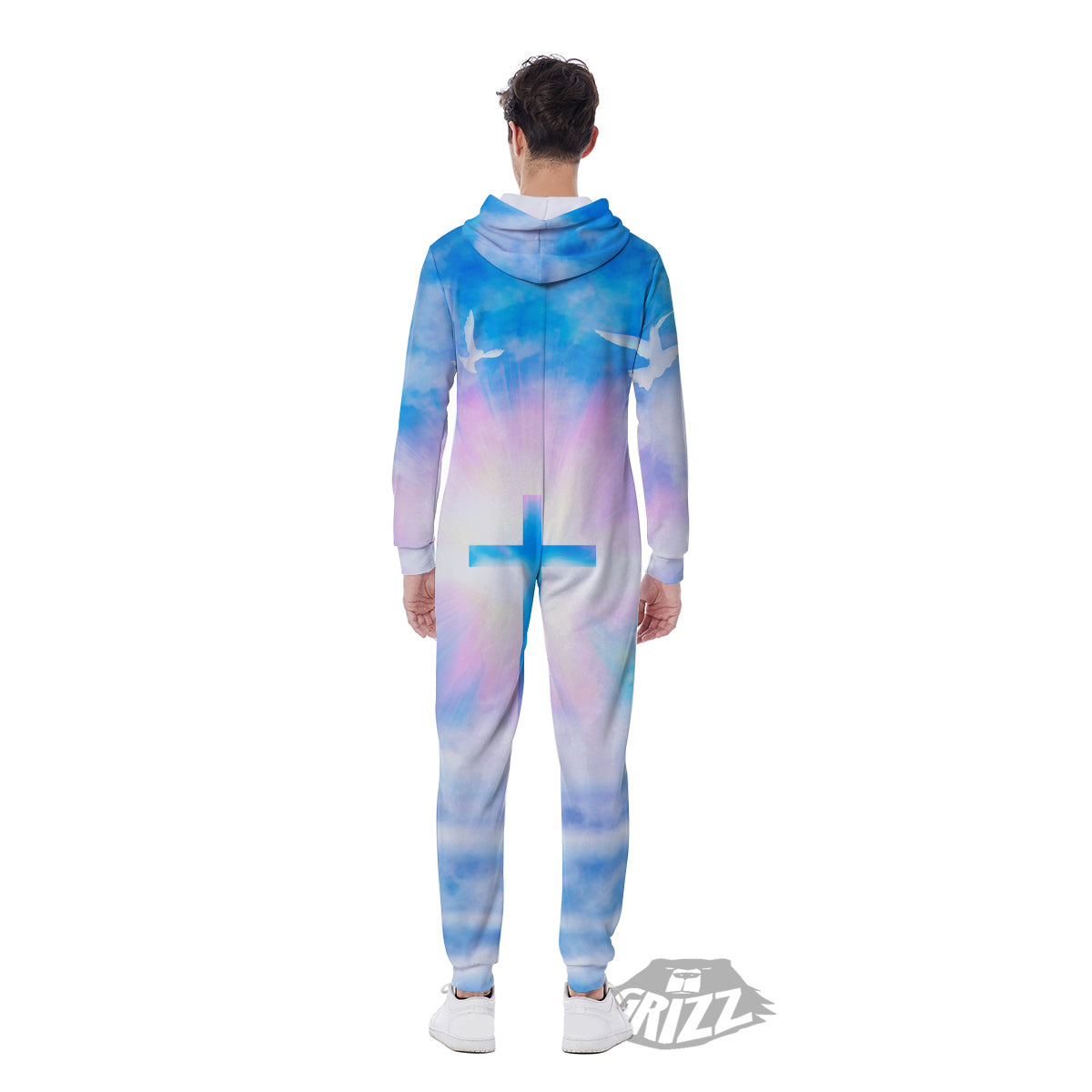 White Doves And Christian Cross Print Men's Jumpsuit-grizzshop