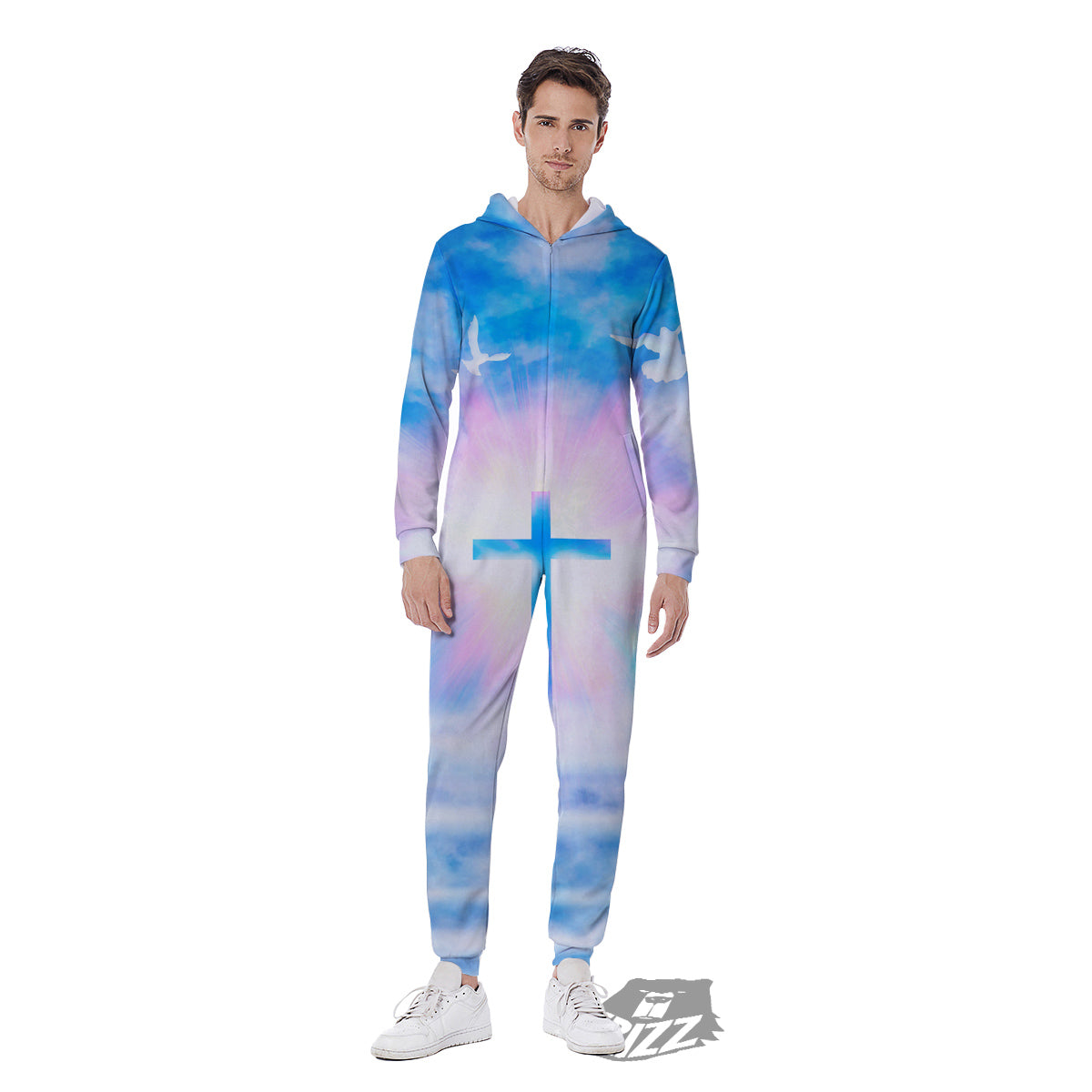 White Doves And Christian Cross Print Men's Jumpsuit-grizzshop