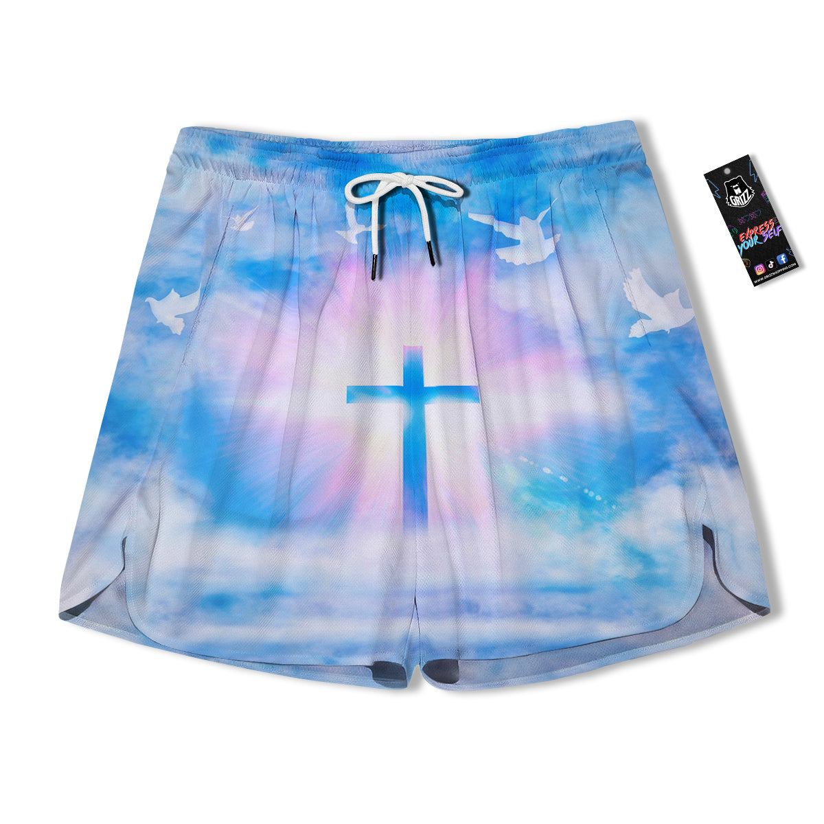 White Doves And Christian Cross Print Men's Running Shorts-grizzshop