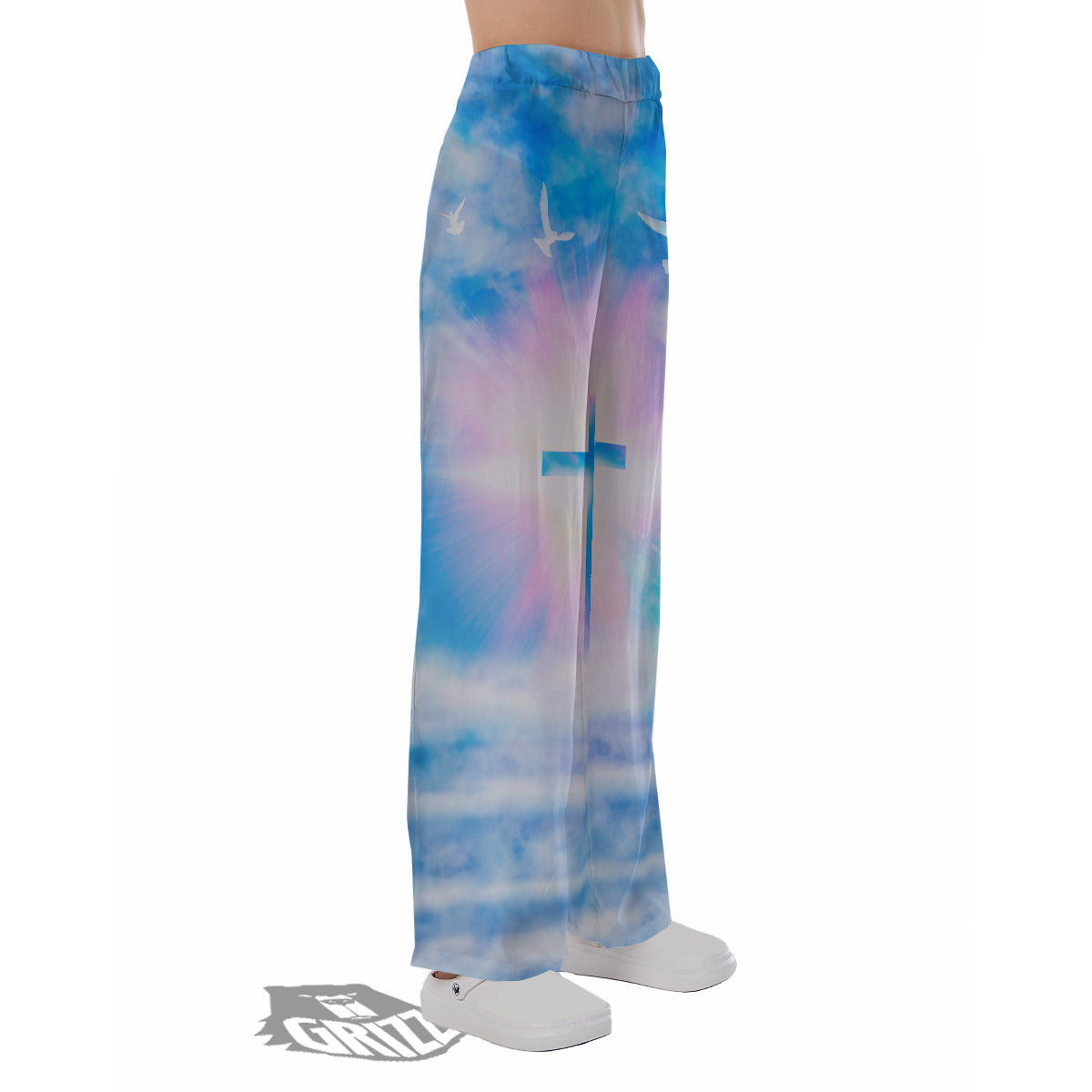 White Doves And Christian Cross Print Pajama Pants-grizzshop