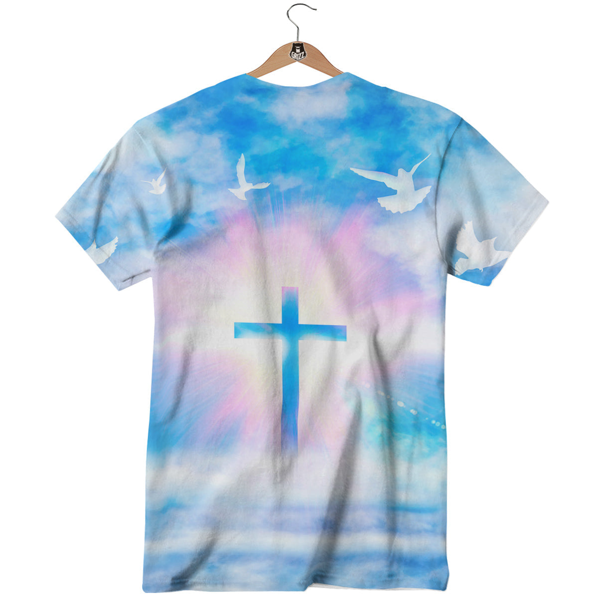 White Doves And Christian Cross Print T-Shirt-grizzshop