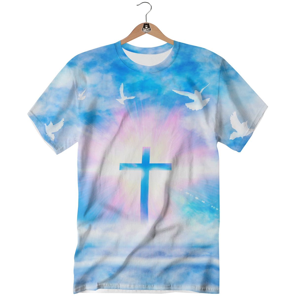 White Doves And Christian Cross Print T-Shirt-grizzshop