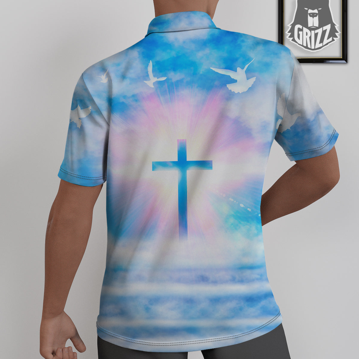 White Doves And Christian Cross Print Untucked Shirts-grizzshop