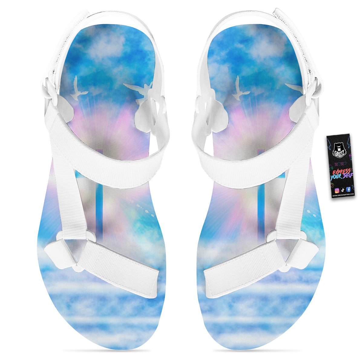 White Doves And Christian Cross Print White Open Toe Sandals-grizzshop