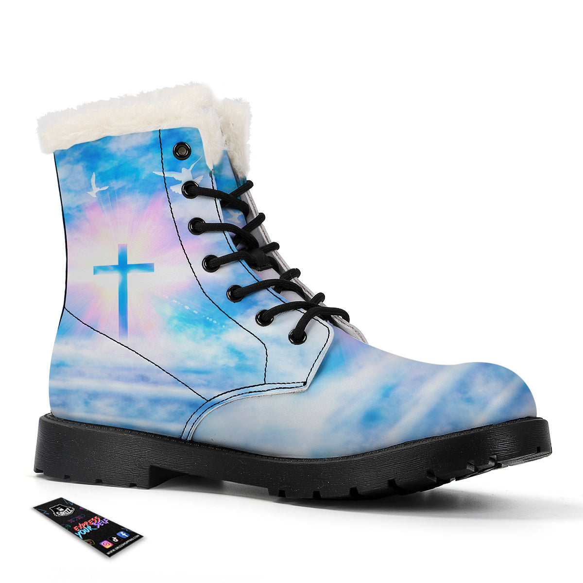 White Doves And Christian Cross Print Winter Boots-grizzshop