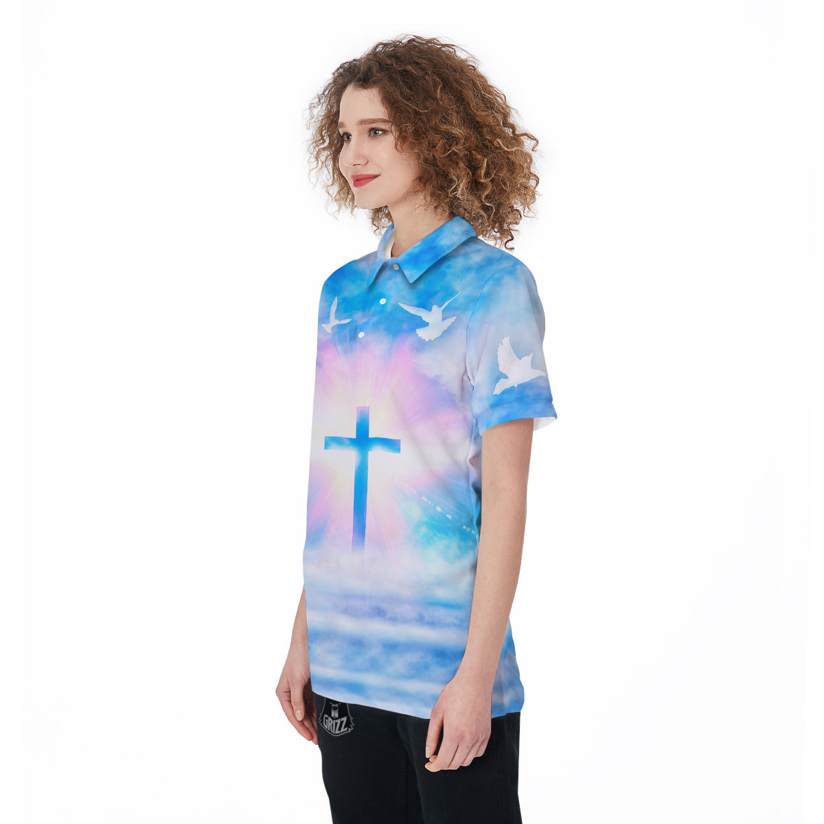 White Doves And Christian Cross Print Women's Golf Shirts-grizzshop