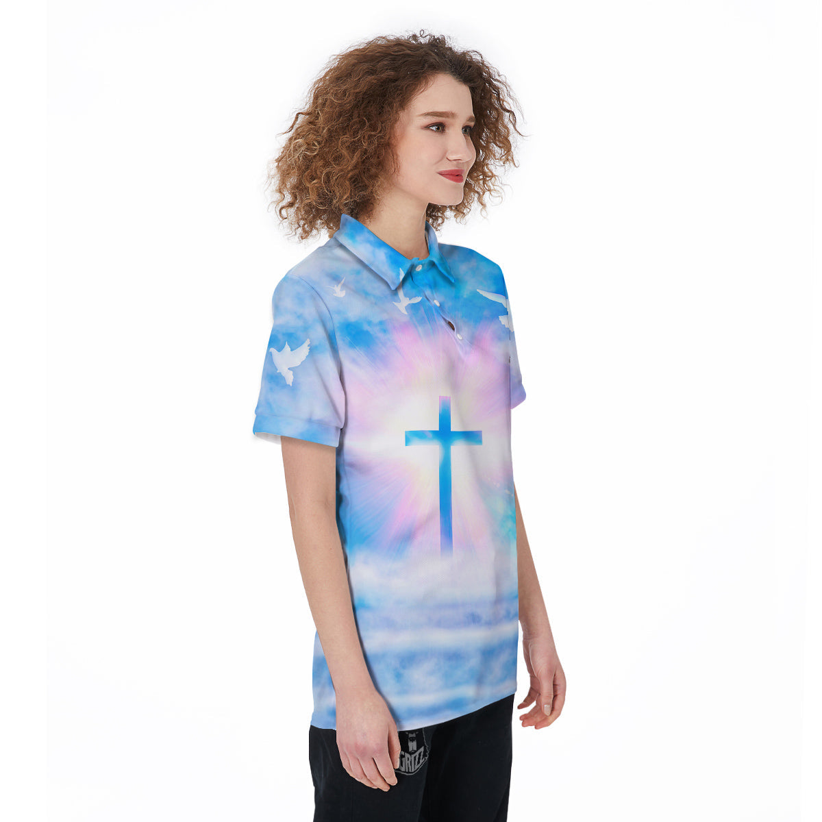White Doves And Christian Cross Print Women's Golf Shirts-grizzshop