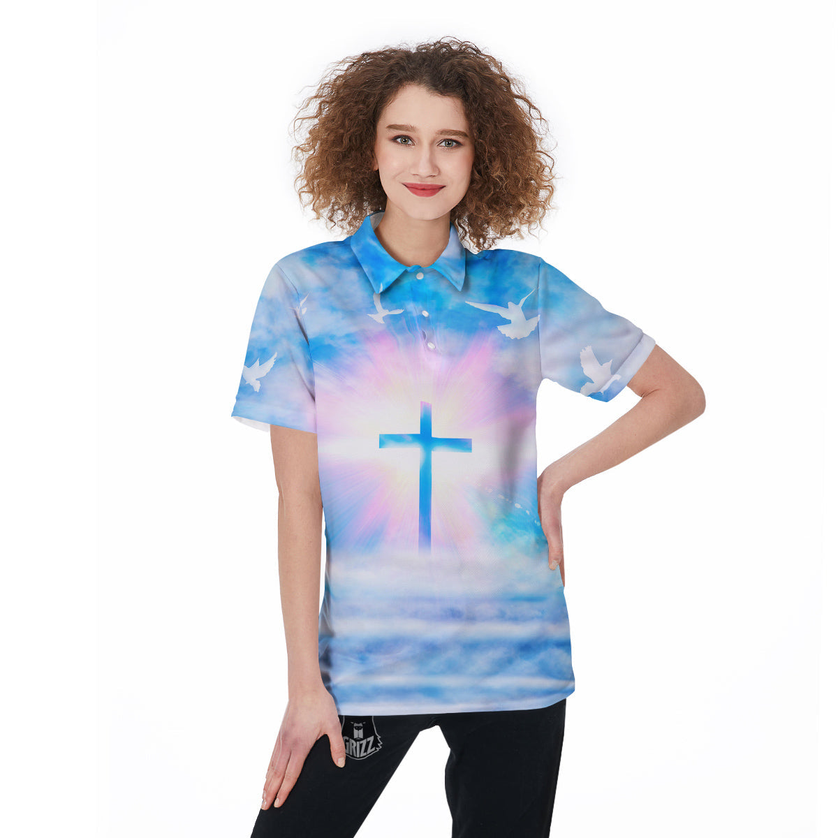 White Doves And Christian Cross Print Women's Golf Shirts-grizzshop