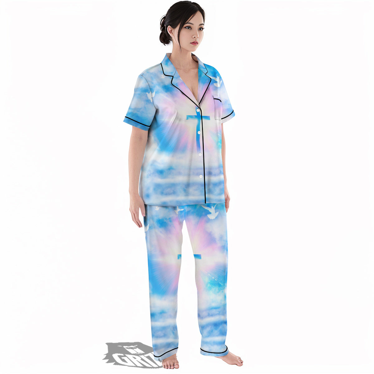 White Doves And Christian Cross Print Women's Pajamas Set-grizzshop