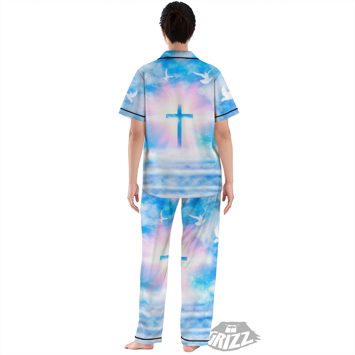 White Doves And Christian Cross Print Women's Pajamas Set-grizzshop