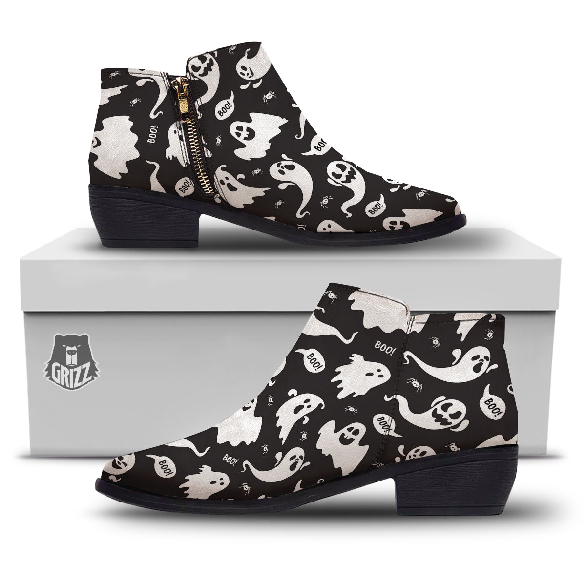 White Ghost Print Pattern Ankle Boots-grizzshop