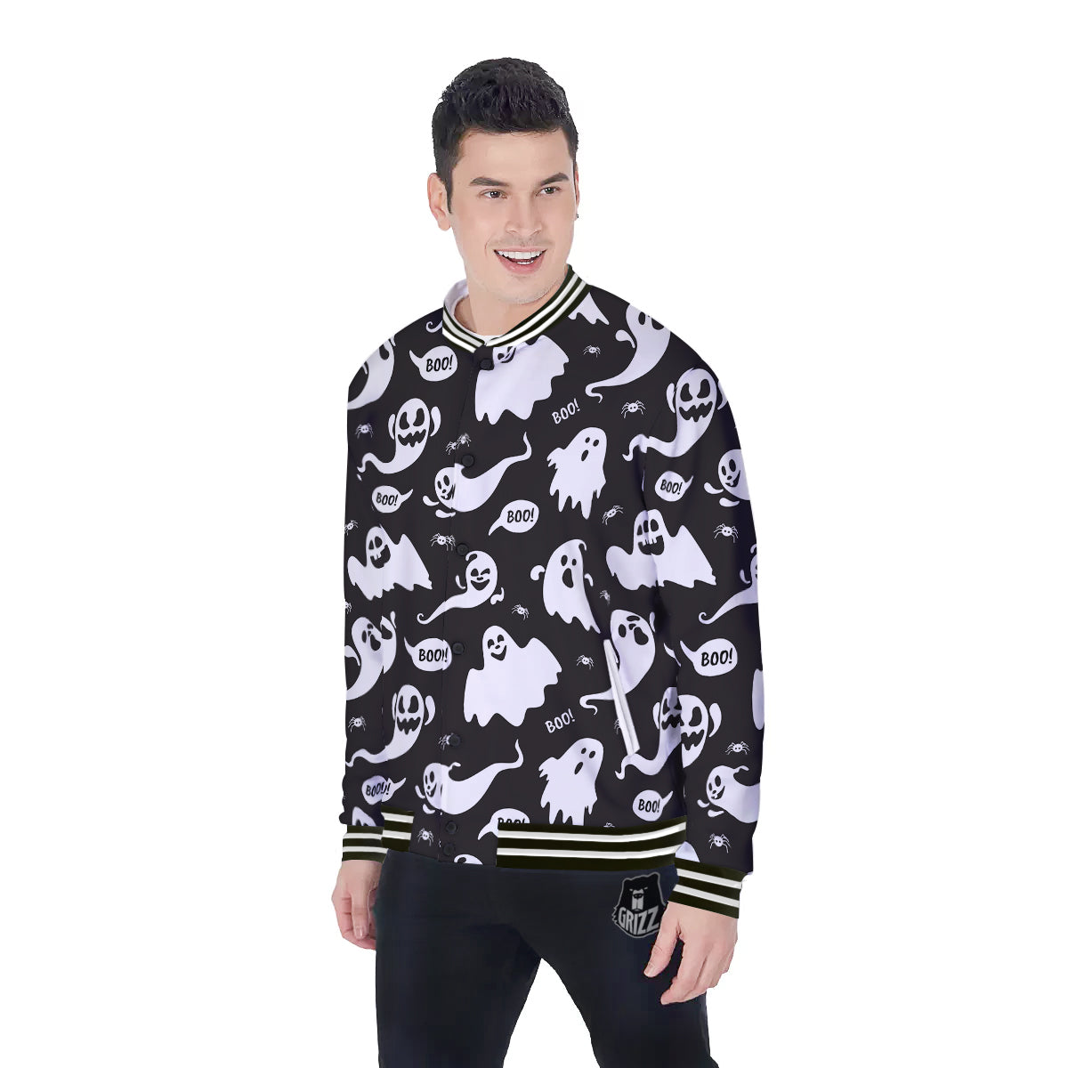 White Ghost Print Pattern Baseball Jacket-grizzshop