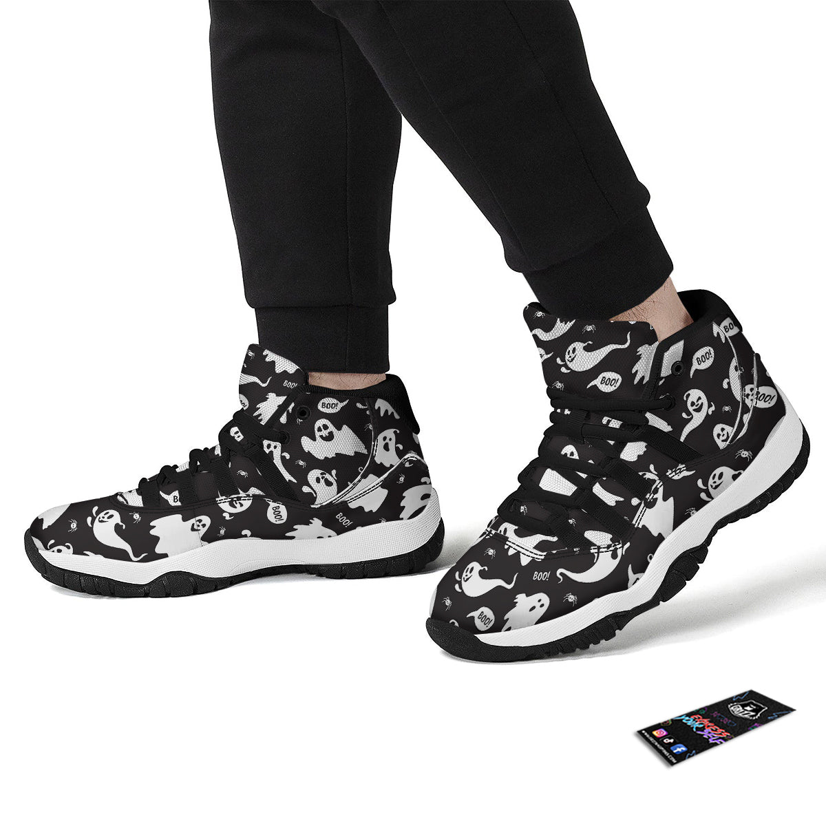 White Ghost Print Pattern Black Bball Shoes-grizzshop